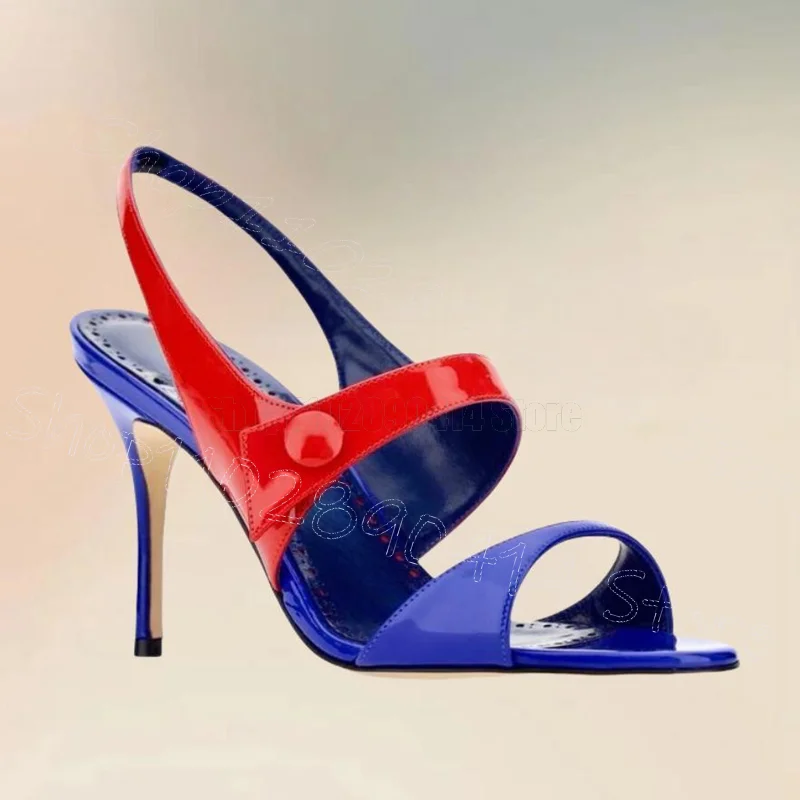버튼 장식 레드 블루 에나멜 샌들 버튼 스트랩 여성 슈즈 얇은 하이힐 오픈토 데이트 2025 여성 신발