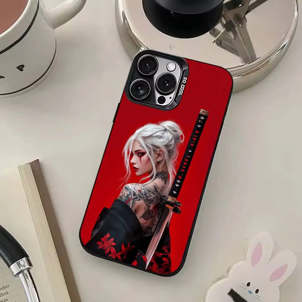 Samurai Warrior Geisha Capa de telefone preta fosca para iPhone 17/16/15/14/13/12/11 pro Max Design de doces à prova de choque