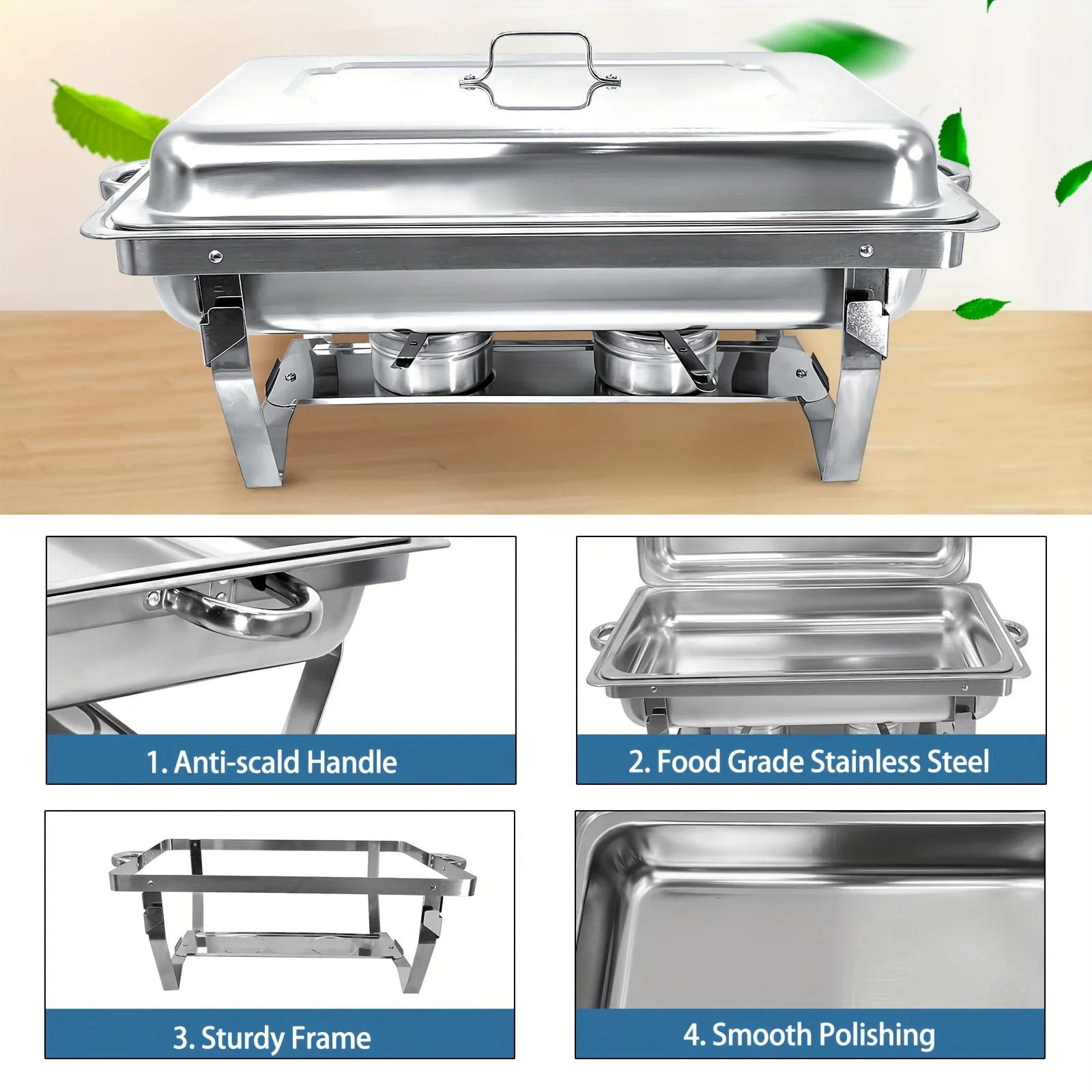 4 Packs 8QT Full Size Chafing Dish Buffet Set, Stainless Steel Food Warmer Kit with Lids Catering Parties Weddings