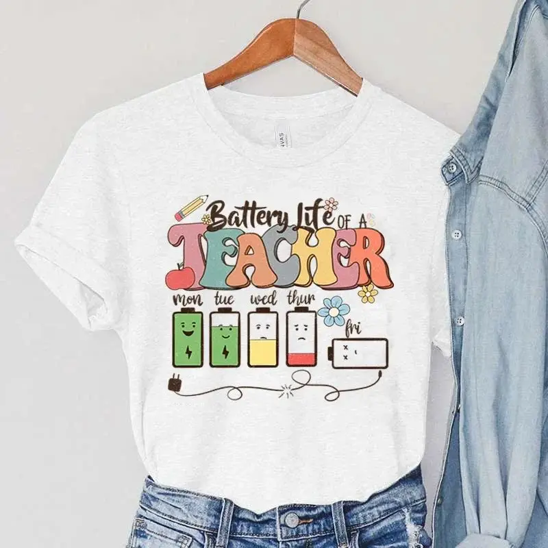 Battery Life of Teacher Print T Shirt Women Summer Tshirt Casual Female Tees for Lady Short Sleeve Kpop Y2k Tops Harajuku