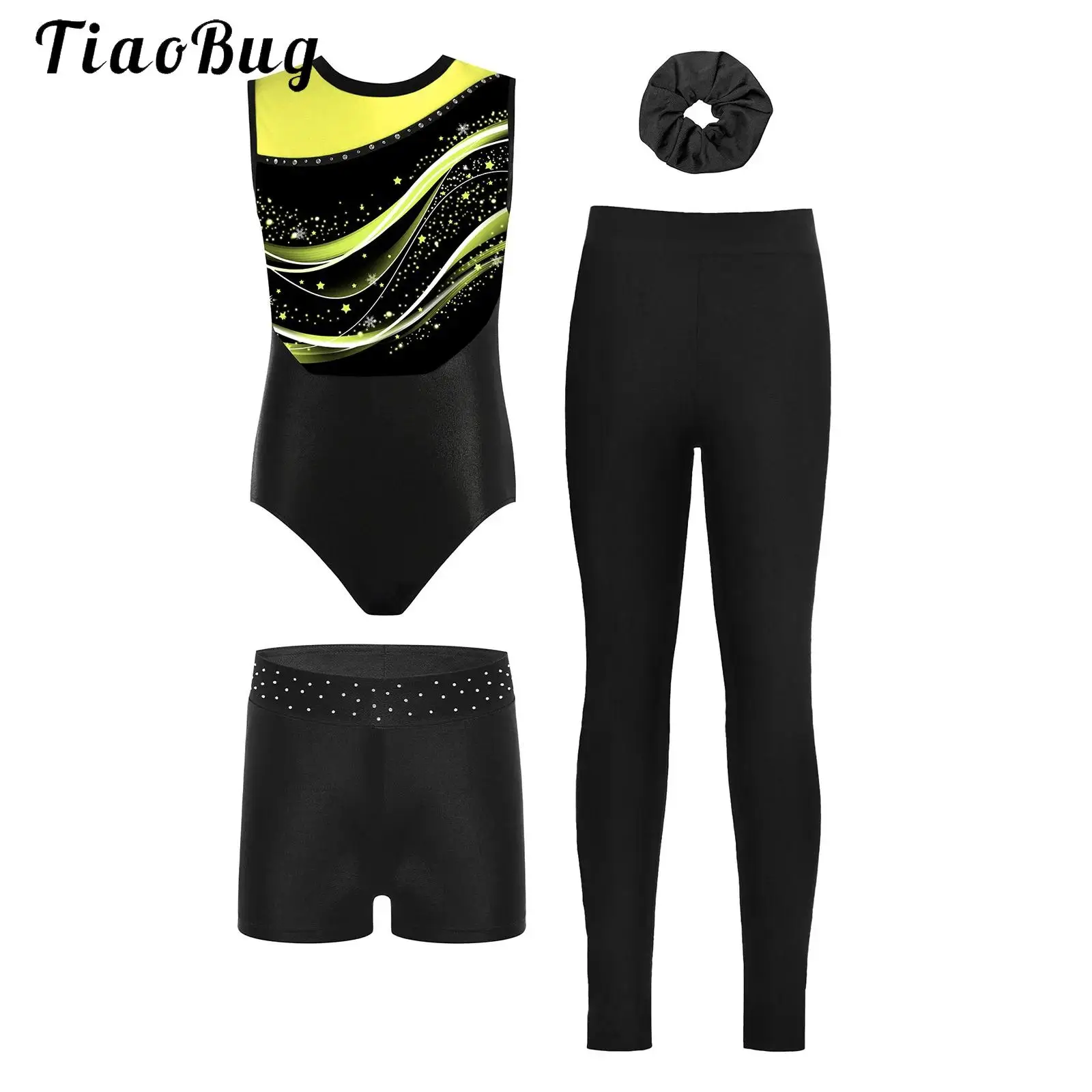 Girls Gymnastics Ballet Dance Leotards Bodysuit and Shorts Set for Performance Sleeveless Figure Skating Acrobatics Jumpsuit