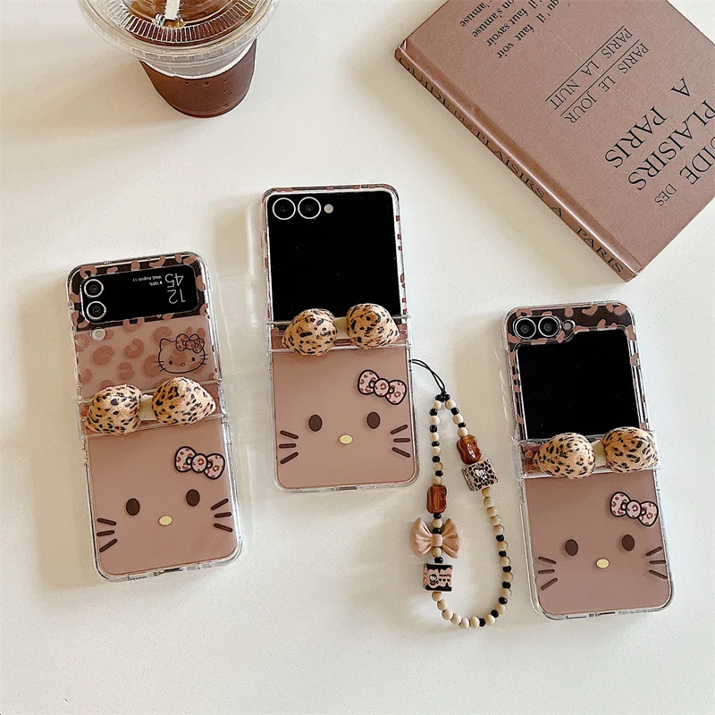 Cute Hello Kitty Leopard Print 3D Bowknot Folding Phone Case For Samsung Galaxy Z Flip 7 6 5 4 3 FE With Chain Shockproof Cover