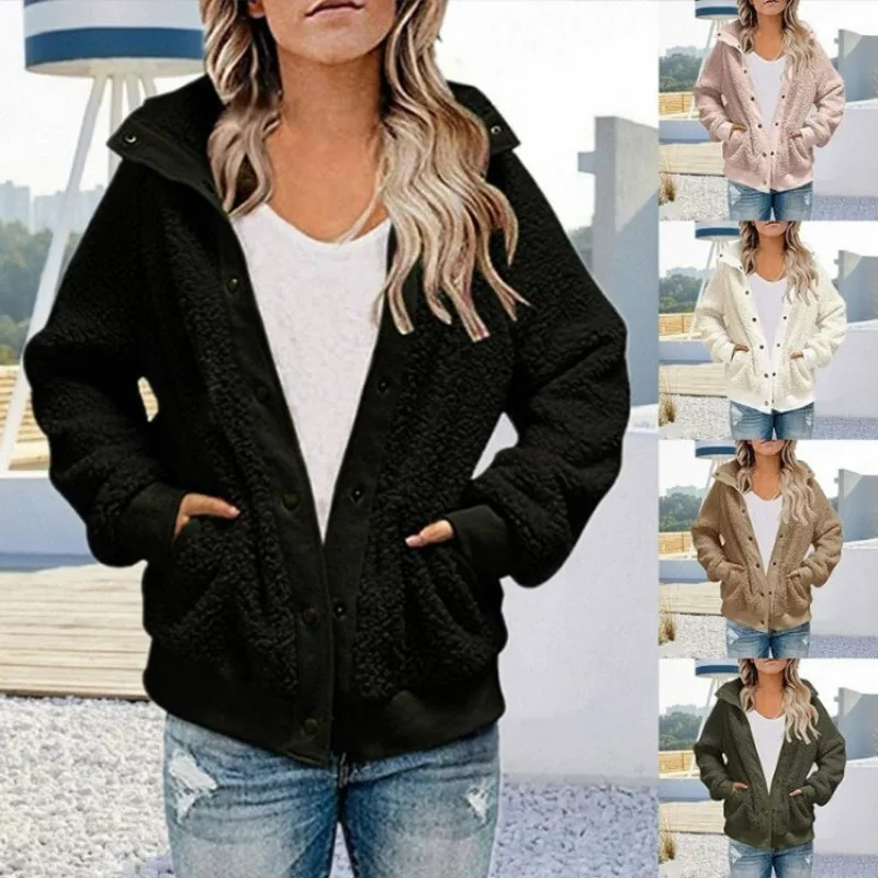 Women Winter Coat Solid Color Long Sleeves Zipper Cardigan Loose Warm Furry Plush Plus Size Lady Coat Winter Clothes