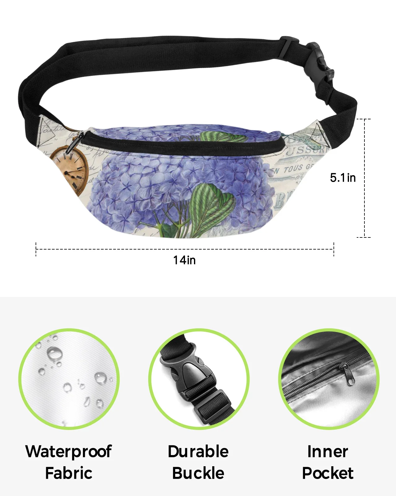 Purple Flower Dragonfly Vintage Clock Retro Waist Bag Women Men Belt Bags Large Capacity Waist Pack Unisex Crossbody Chest Bag