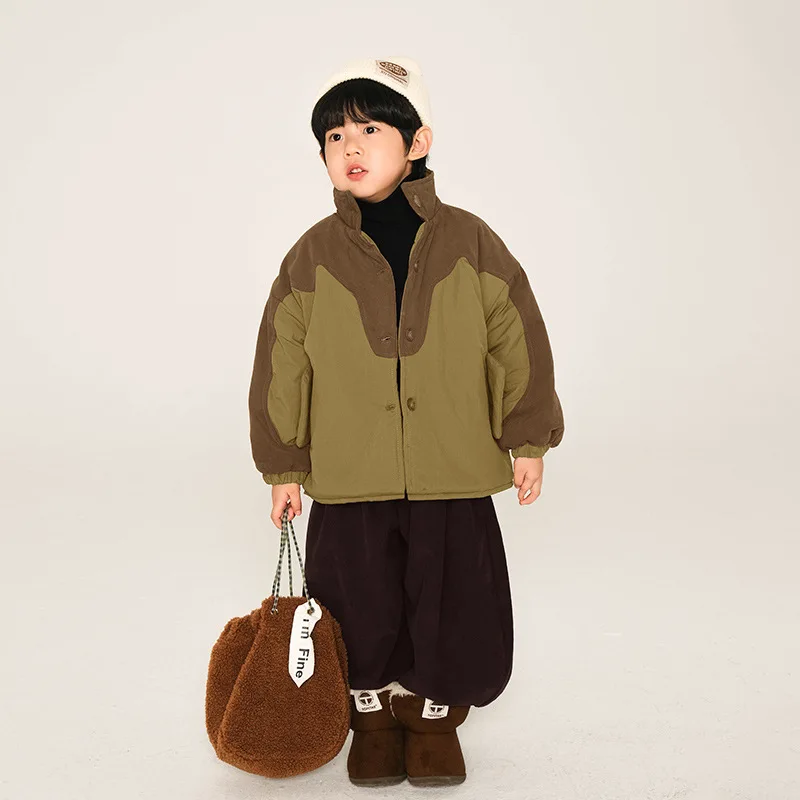 Children's clothing, boys' cotton jacket, winter children's Korean version color blocked cotton jacket, medium and small childre