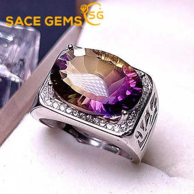 

SACE GEMS Fashion Resizable 12*16MM Natual Ametrine Rings for Man 925 Sterling Silver Wedding Party Fine Jewelry Festival Gift