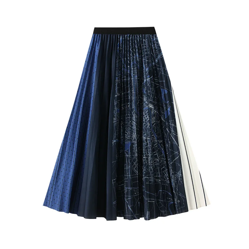 Elegant Printed Pleated Skirt, High Waist, Mid Length, New Style, Autumn