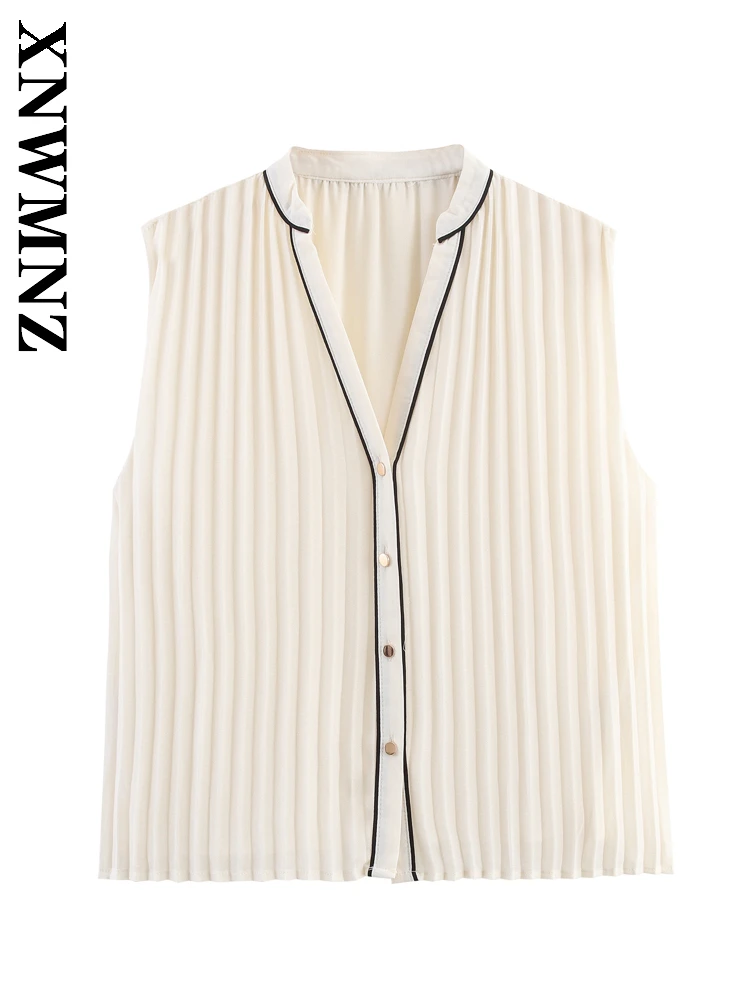 

XNWMNZ 2025 Summer New Lady Simple Chic Sleeveless V-Collar wrinkle Top Fashion Vintage Woman's Single-breasted Casual Waistcoat