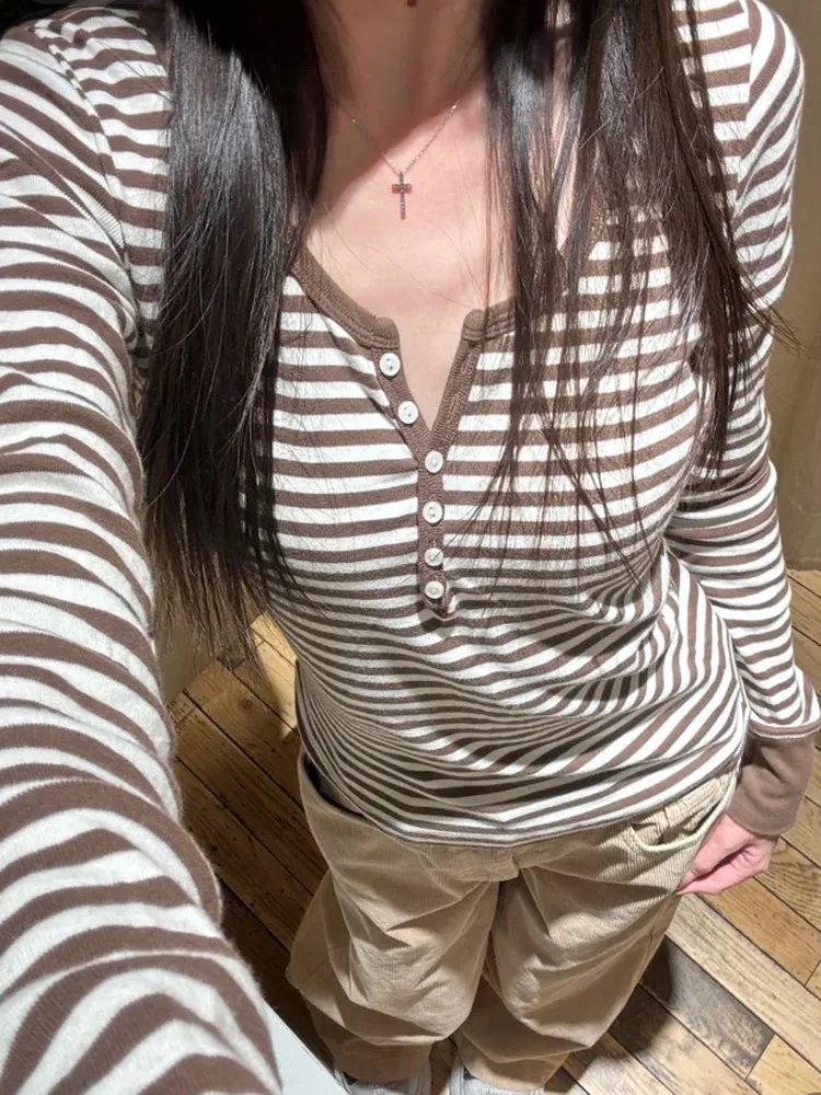 

Топы Zelly, коричневые полосатые лоскутные футболки с длинными рукавами, женские повседневные шикарные хлопковые футболки на пуговицах, милая тонкая футболка в консервативном стиле Y2K