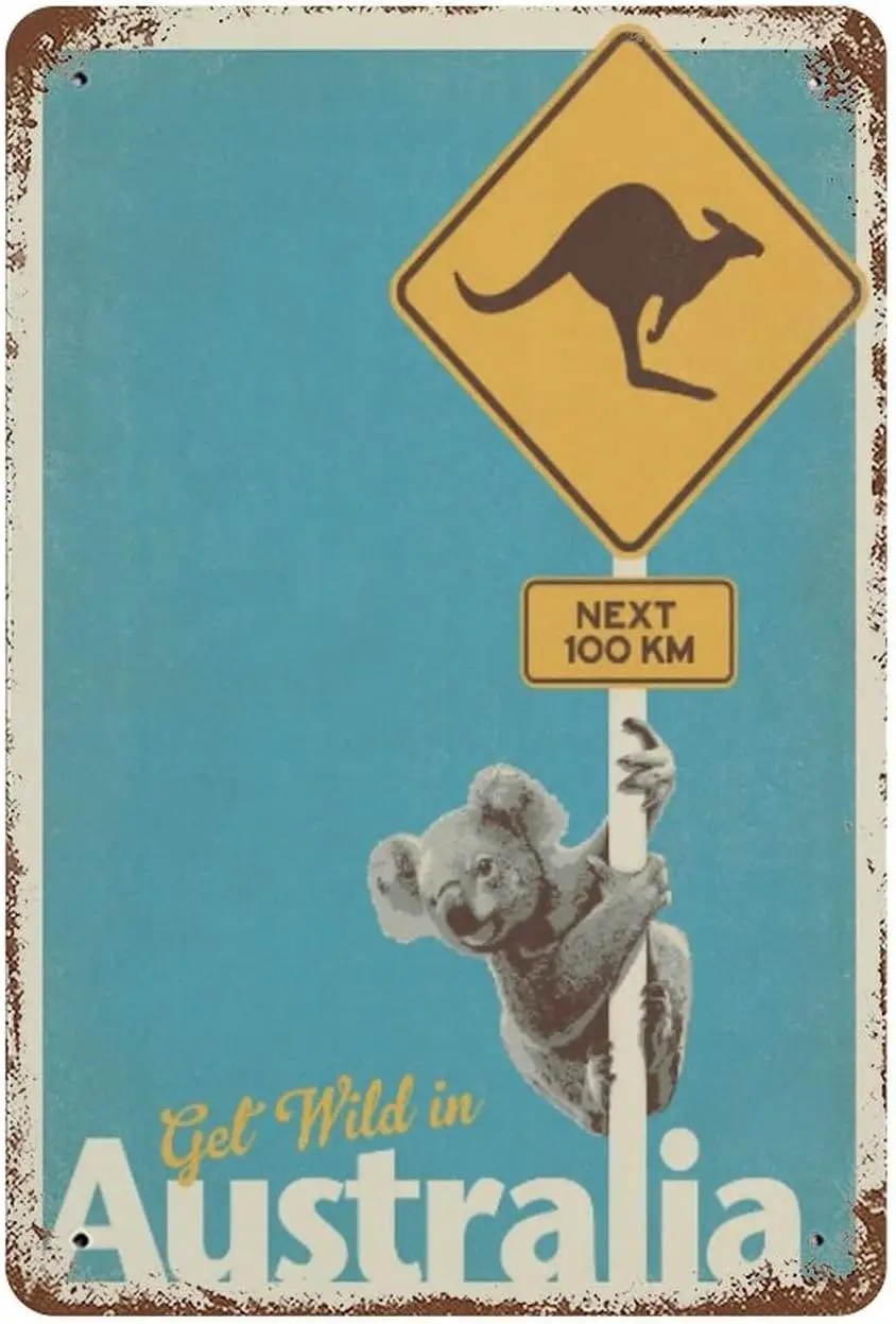 Retro Vintage World Travel Australia, Oceania Geographical Indication Tin Sign Metal Bar Club Cafe Home Wall Art Decor Kangaroo