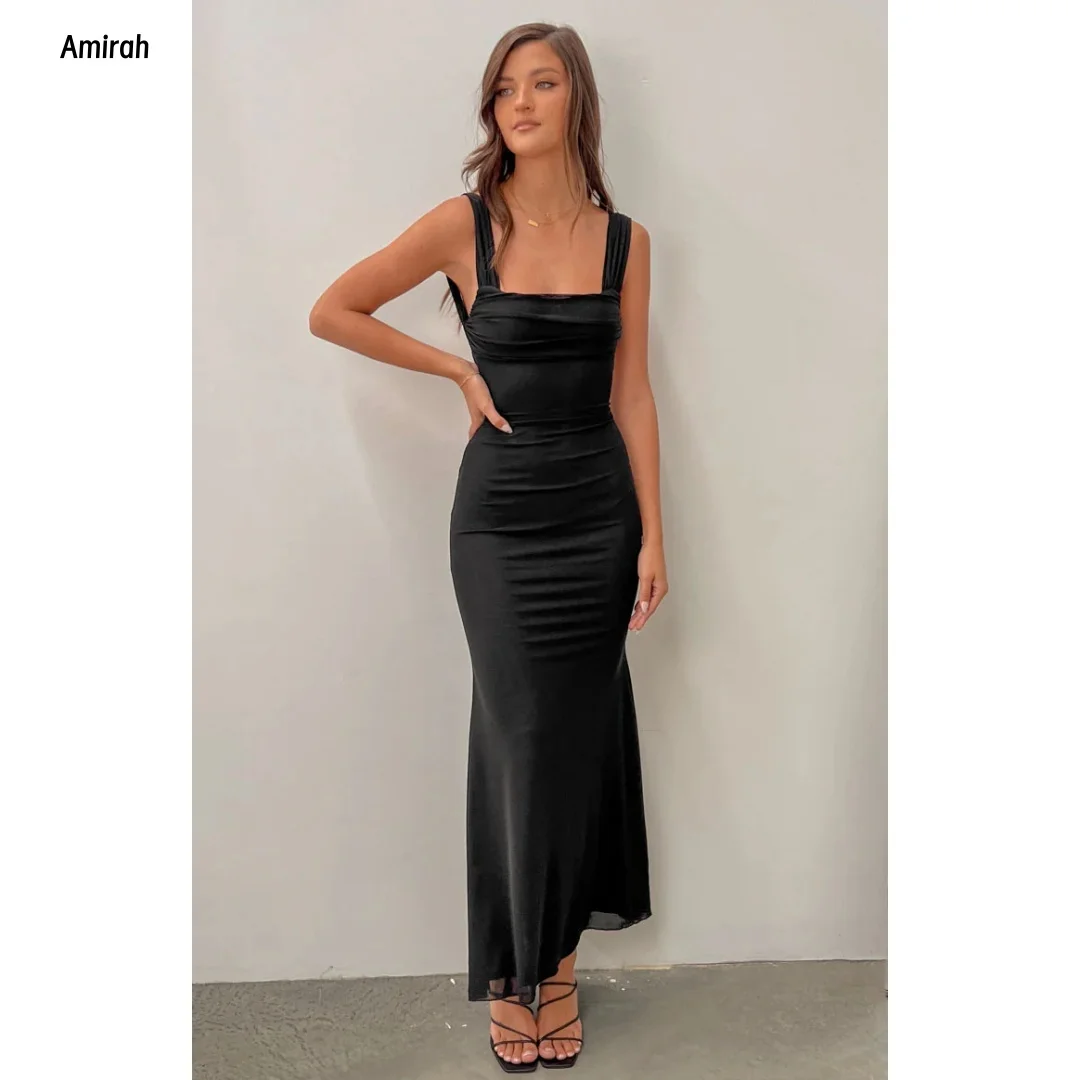 Amirah تنورة ذيل السمكة ثوب حفلة بياقة مربعة وحزام كتف فساتين نسائية أنيقة لحفلات الزفاف مصنوعة حسب الطلب للحفلات الراقصة