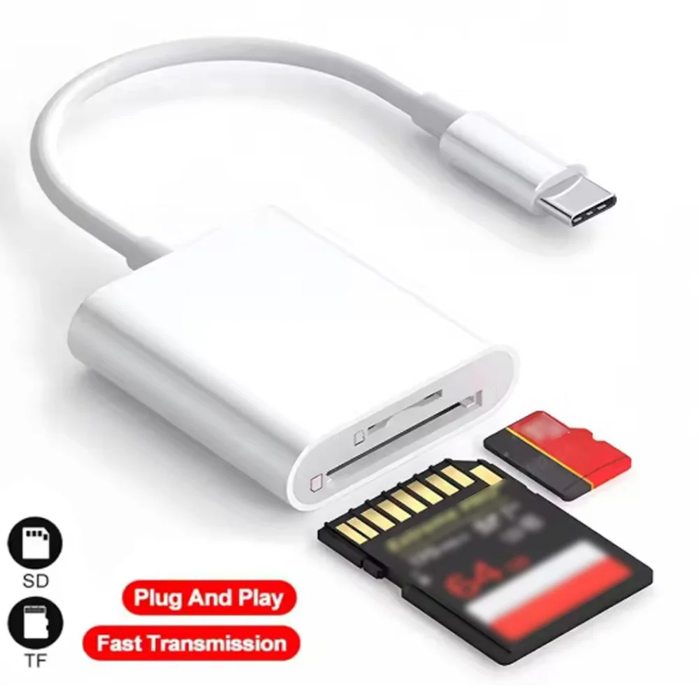 Type-c to SD/TF Card Reader OTG Adapter for iPad 16 15 Pro Samsung Huawei 2-in-1 Memory Card Converter with Fast Data Transfer