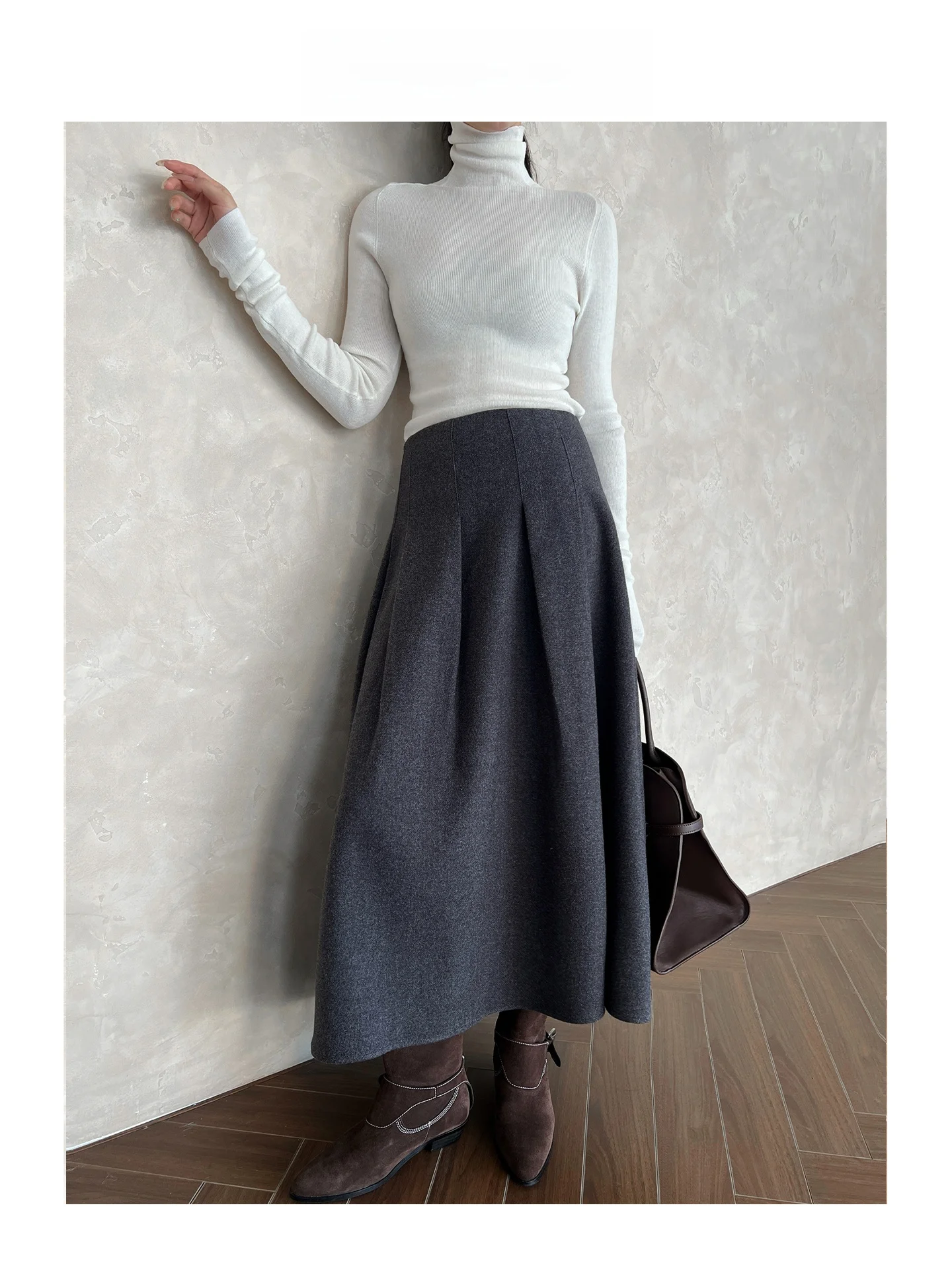 

Ele High Waist Pleated Woolen Knitted Skirt for Women Casual Straight A-Line Long Skirt Deep ey Polyester Fiber
