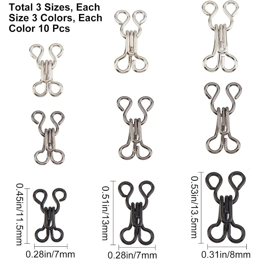 90 juegos de ganchos de costura y cierre de ojos, 3 tamaños, ganchos de hierro para sujetador, repuesto con caja de plástico para ropa, chaqueta, falda, pantalones