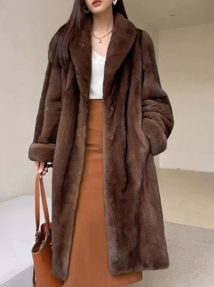 Luxurious Brown Faux Fur Maxi Coat, Women‘s Long Sleeve Plush Jacket Turn Down Collar Warm Outerwear, 2025 Winter Mob-Wife Style