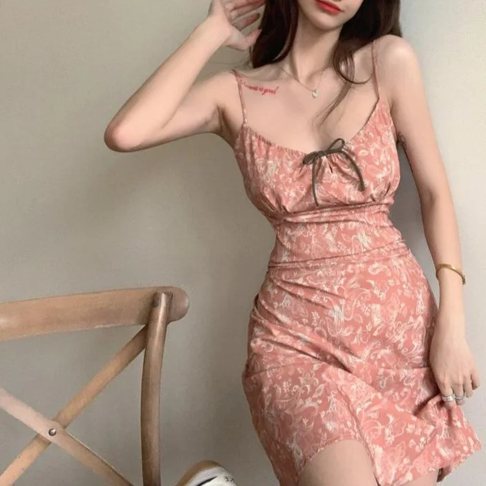 Women Pink Floral Short Dress Sleeveless Spaghetti Strap Y2k Aesthetic Clothes Beach Vacation Fashion Summer Mini Womens Dresses