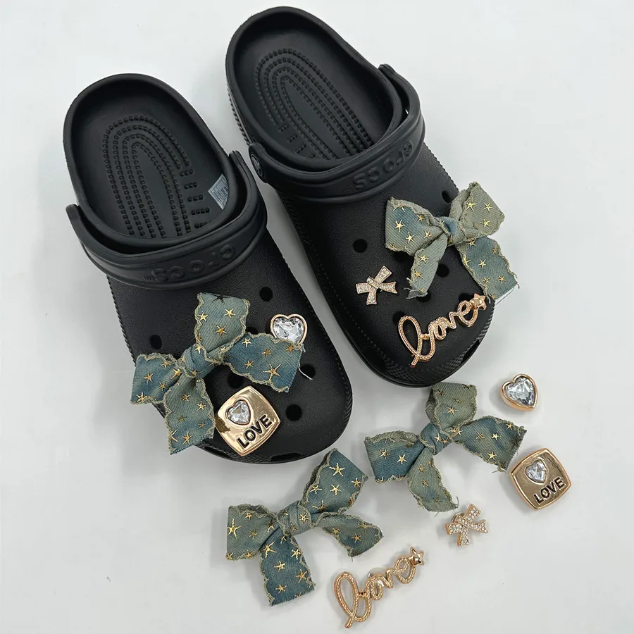 

6 pcs/set Denim Bow Sports Sandals Accessory Sparkling Rhinestone DIY Decorative Accessory Shoes Flower Slippers Color Buckles