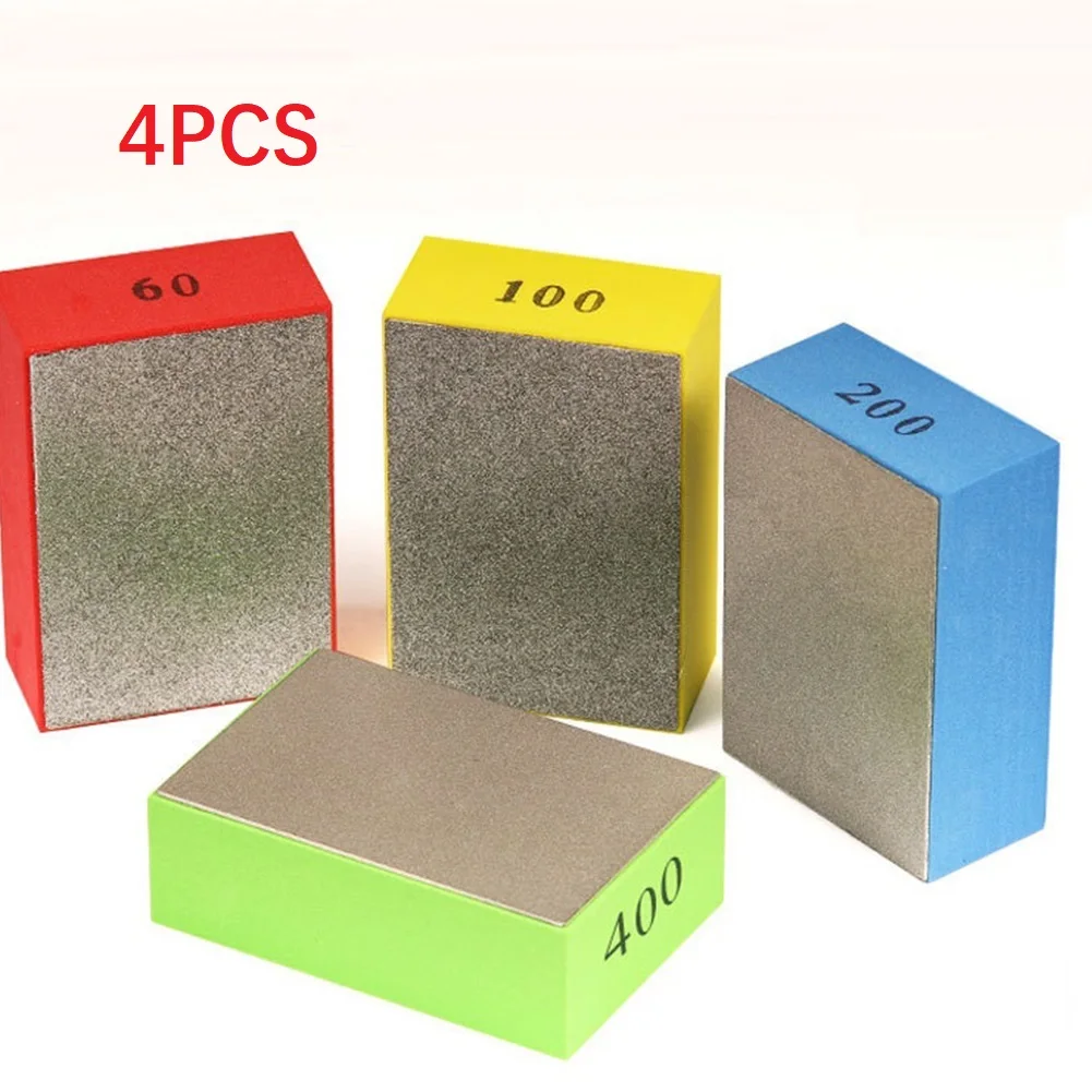 Block Polishing Pad 4 Pcs 60#/100#/200#/400# 90*55*30mm Diamond + Sponge Glass Burr Trimming Metal Polishing Renovation