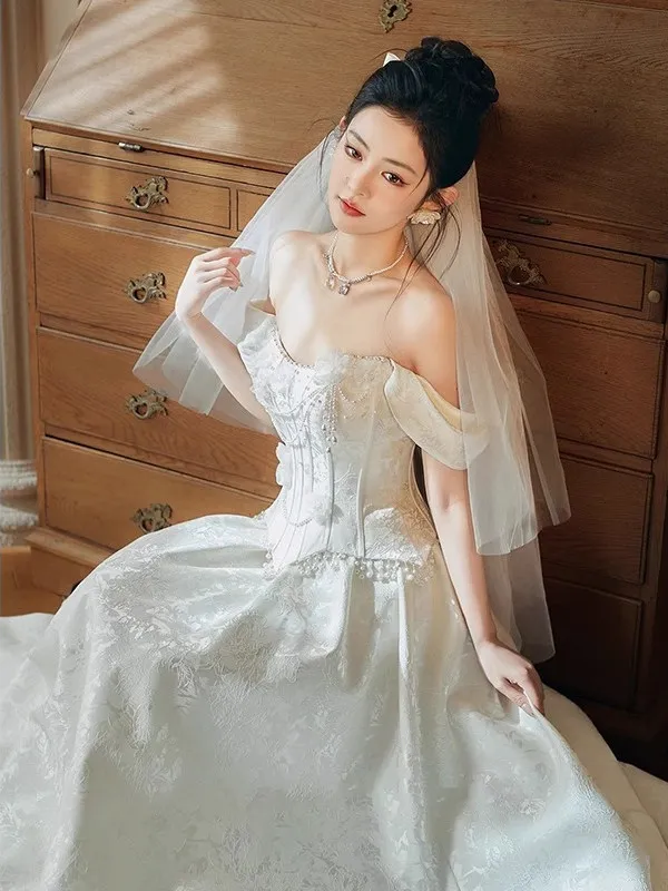 

Ele Pearl Embellied A-Line Evening Gown One oulder Wedding Dr for Registry Certifie Ceremony Bridal Par Women...