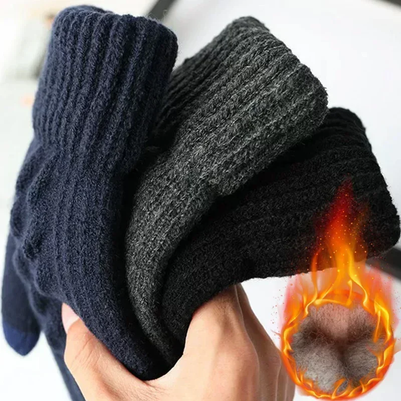 New Men\'s Warm Full Finger Gloves Winter Touchscreen Plus Fleece Gloves Woman Thickening Wool Knitted Cycling Driving Gloves