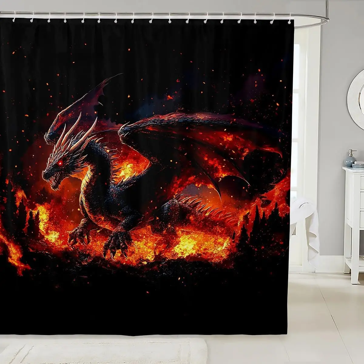 Waterproof Shower Curtain  Epic Dragon Fire Mythical Fantasy Gothic Bathroom Decor Shower Curtain Panel  Decoration