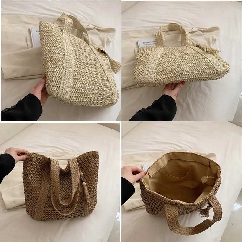 Bolsa de mão trançada de palha simples para mulheres, bolsa de ombro de praia, sacola de grande capacidade, moda casual, 2023