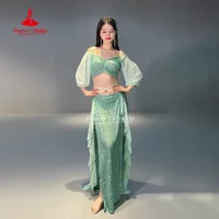 Conjunto de traje de danza del vientre para mujer, Top de manga corta + falda larga dividida, conjunto profesional Oriental, ropa de danza del vientre, 2 uds.