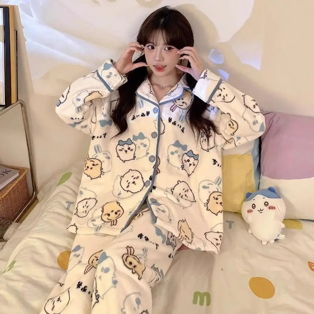 Kawaii Hachiware Chiikawa Female Pajamas Suit Winter Anime Usagi Cartoon Coral Fleece Sleepclothes Flannel Cute Thicken Homewear