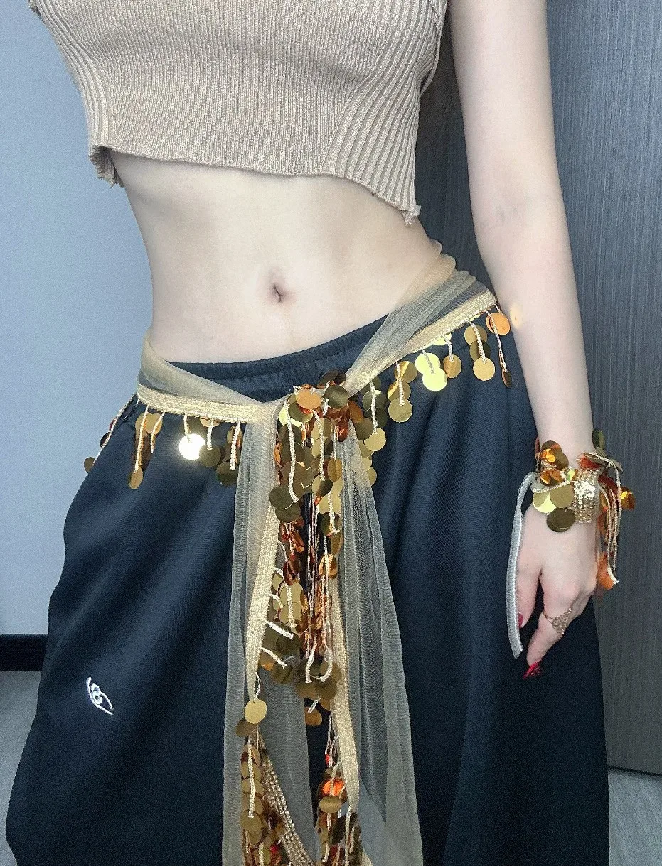 Bauchtanz-Taillenkette, Damen, orientalischer Tanz, Übungstuch für die Taille, Performance-Hüfttuch, mit Pailletten, Hüfttuch für Bauchtanz – Detail 3
