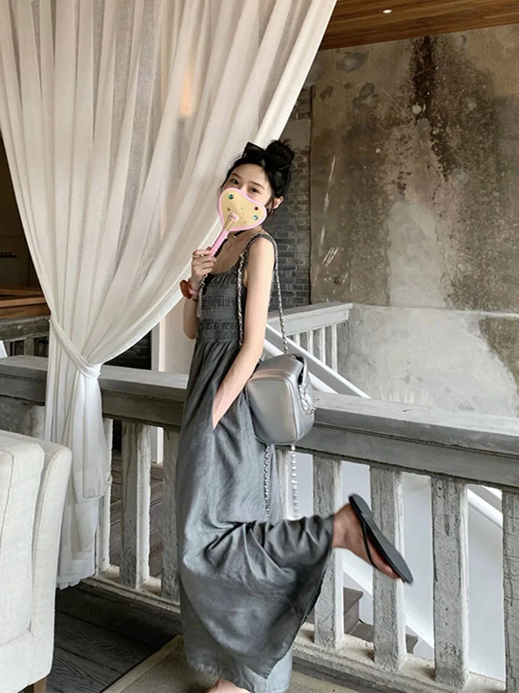 Suspender Jumpsuit 2023 Summer Lmitation High Waist Elastic Ruffles Wide Leg Pants Full Length Jumpsui