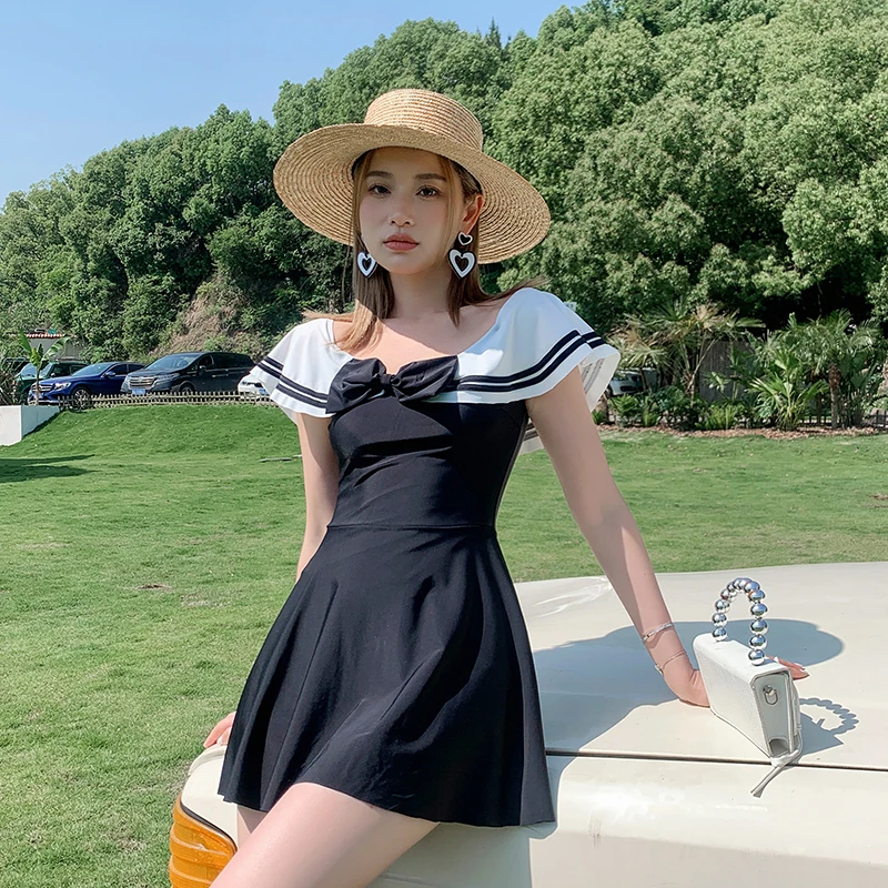 

Wisuwore 2023 New Black Off Shoulder Bow Dress Women's Summer High End Style Slim Fit Skirt Holiday Beach Surfing Dress