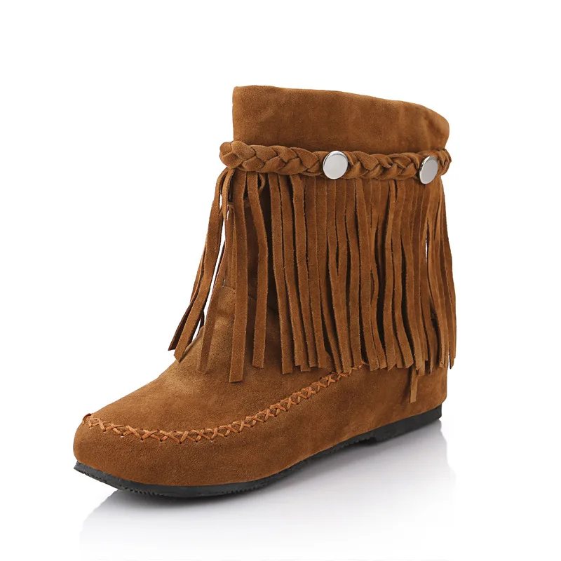 Bohemian Ankle Boots for Women Tassel Fringe Faux Suede Leather Short Boots Inside Height-increasing Shoes Flat Booties WSH5018