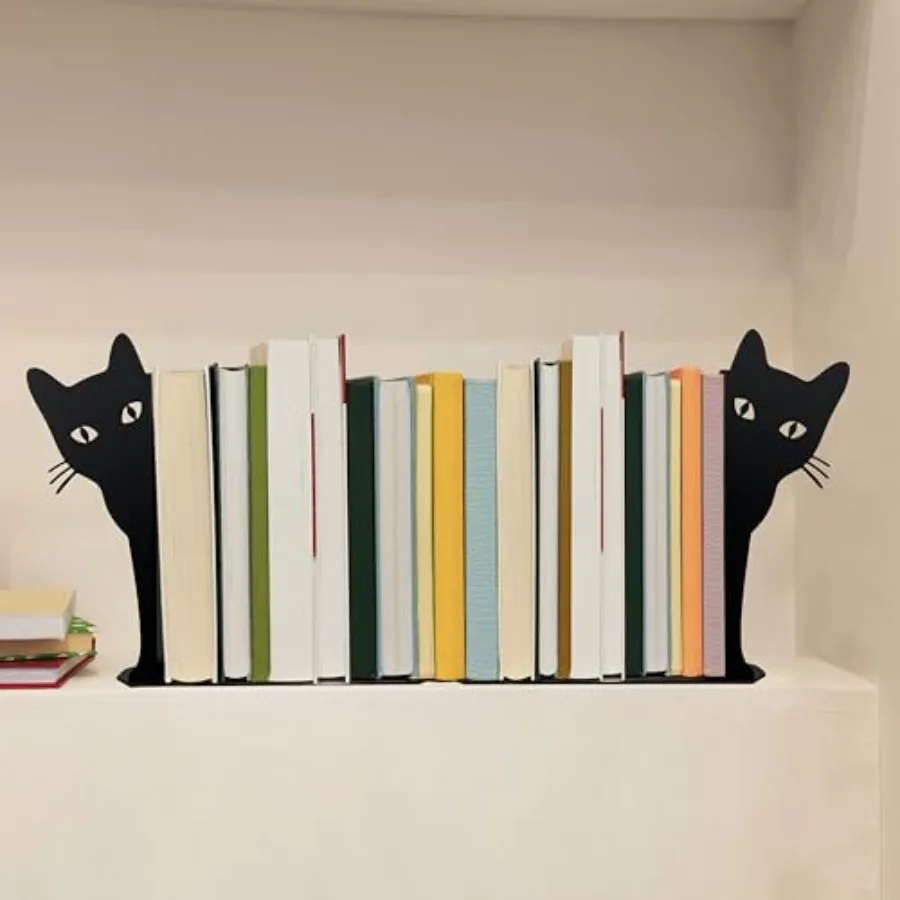 Peeping Cat Metal Bookends for Home Office Desk and Bookshelf Decorative Objects Cute Cat Design with Stylish Black Finish Idea