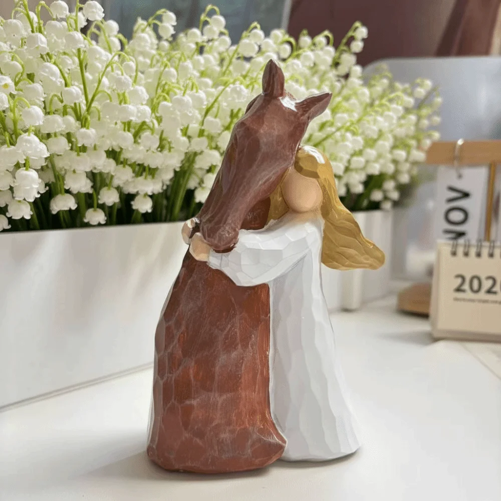 Hand-Drawn Design Resin Horse Statue Classic Style Elegant Figurine Horse Figurine Detailed Design Girl Hugging Horse