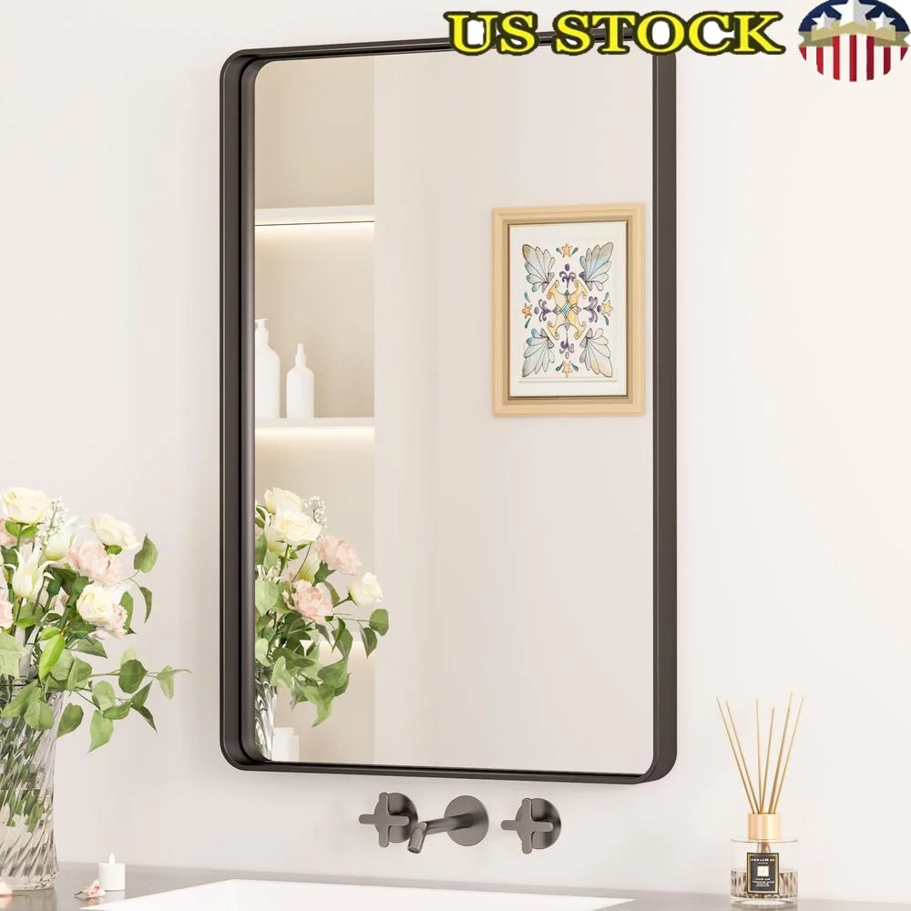 Bathroom Vanity Mirror Wall Matte Black Farmhouse Mirror Rounded 30 x 20 Inch Aluminum Alloy Frame Distortion-Free Reflect