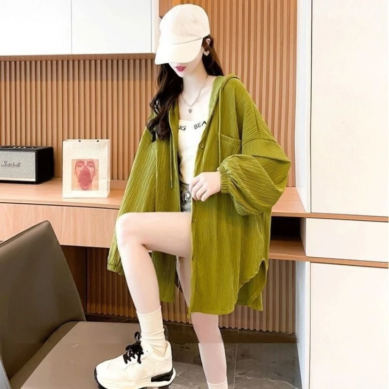 

Women's Hooded Shirt Lightweight Loose Fit Summer Casual Fashion Mid Length Blouse For Outdoor Wear