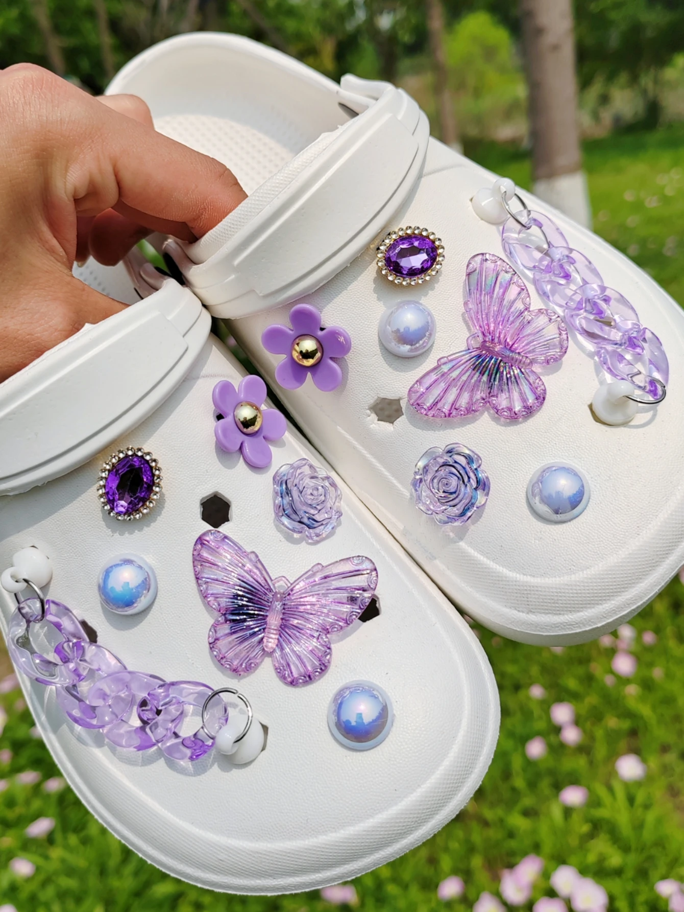 14 pieces of fashionable purple butterfly flower chain hole shoes accessories, hollow shoe accessories DIY shoe flowers