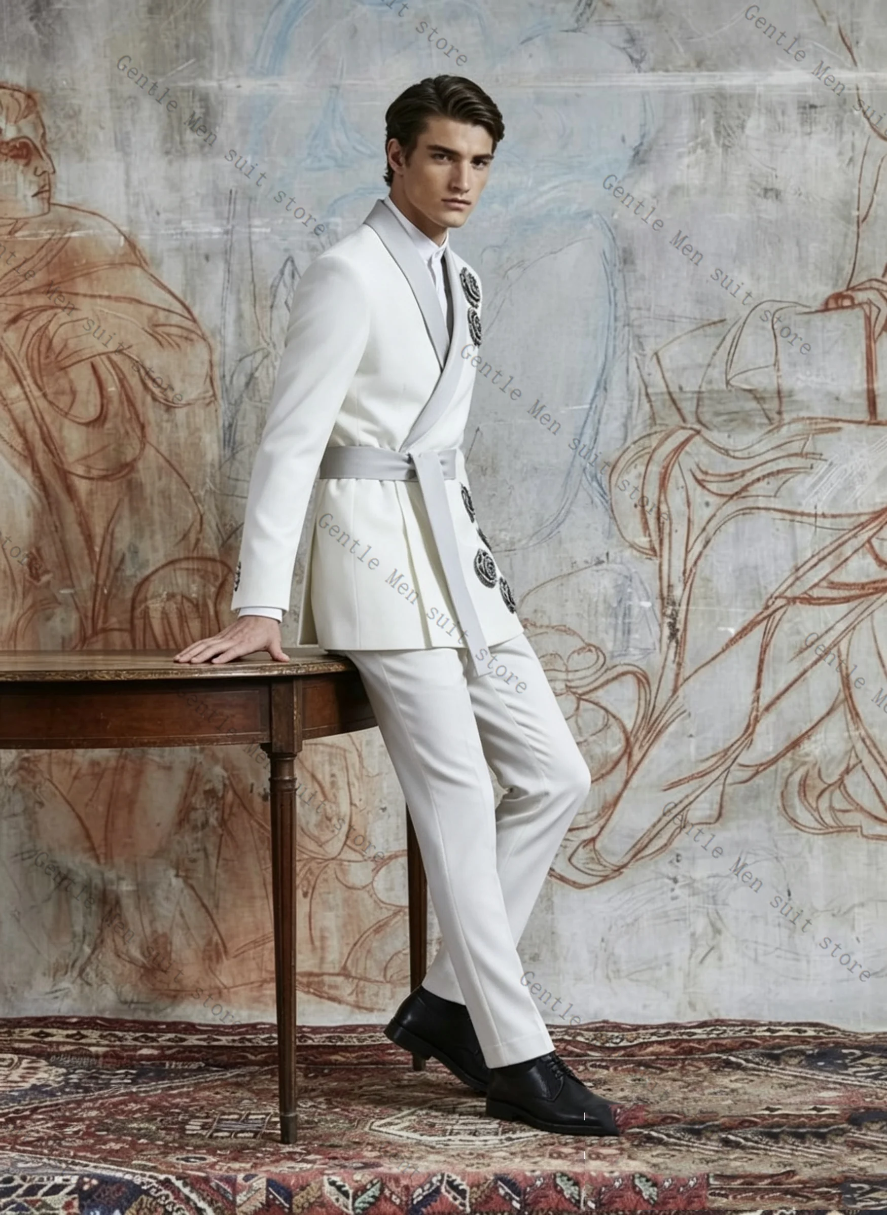 

White Men Suit Set 2 Pcs Blazer+Pants Trousers Cotton 3D Flower Wedding Tuxedos Formal Office Business Jacket Coat Customized