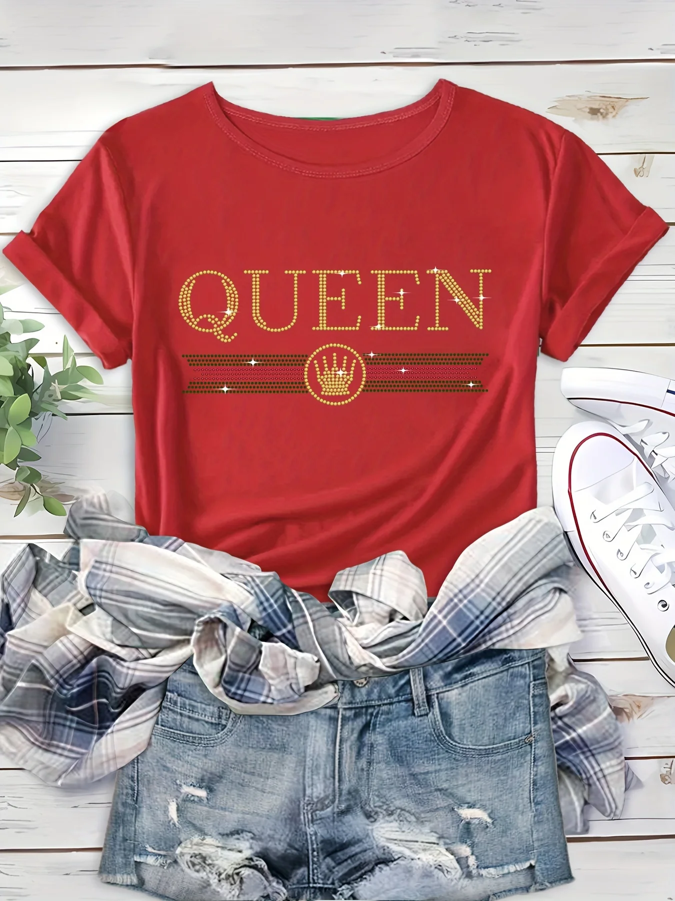 

Удобная и мягкая Спортивная футболка Стразы Queen с надписью, повседневный топ с коротким рукавом и круглым вырезом для бега, женская одежда для активного отдыха