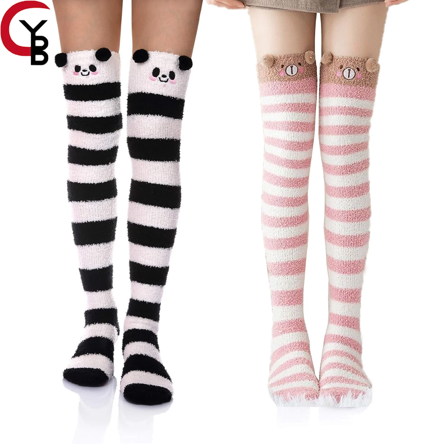 

2 Pairs Women's Thigh High Fuzzy Socks Cute Cartoon Over the Knee Stockings Stripe Leg Warmers for Girl Women