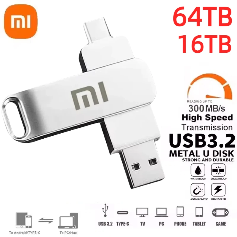 XIAOMI 2 w 1 64 TB USB 3.0 Pendrive 2 TB Szybki pendrive Metalowy wodoodporny pendrive typu C do komputerów stacjonarnych