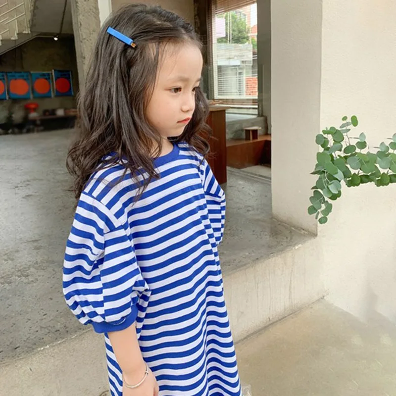 Toddler Girls Striped Dress O-neck Loose T-shirt Dress Children Outfits Half Puff Sleeve Long Length Pullover 3-8T