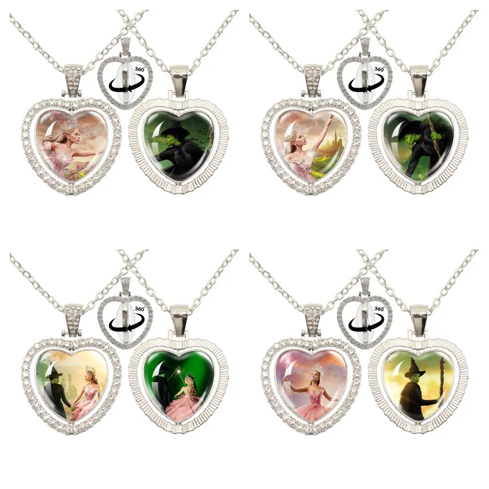 HOT Movie Wicked Glinda Elphaba Double Sided Peach Heart Rotating Musical Play Poster photo Pendant Necklace Jewelry Gifts