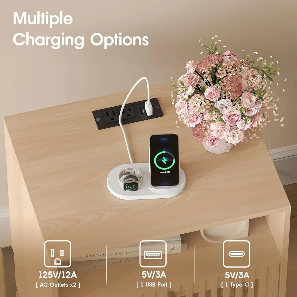 USB 포트와 콘센트가 있는 엔드 테이블 산업 스타일 나이트스탠드, 개방형 선반 1개와 속이 빈 서랍 2개가 있는 침대 옆 테이블