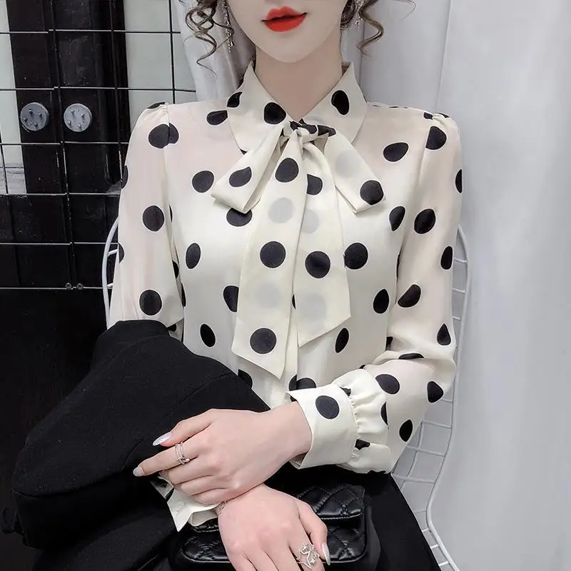 2024 Autumn New Elegant Polka Dot Scarf Collar Long Sleeve Blouse Women Clothing Temperament Printing Buttons Women Shirts