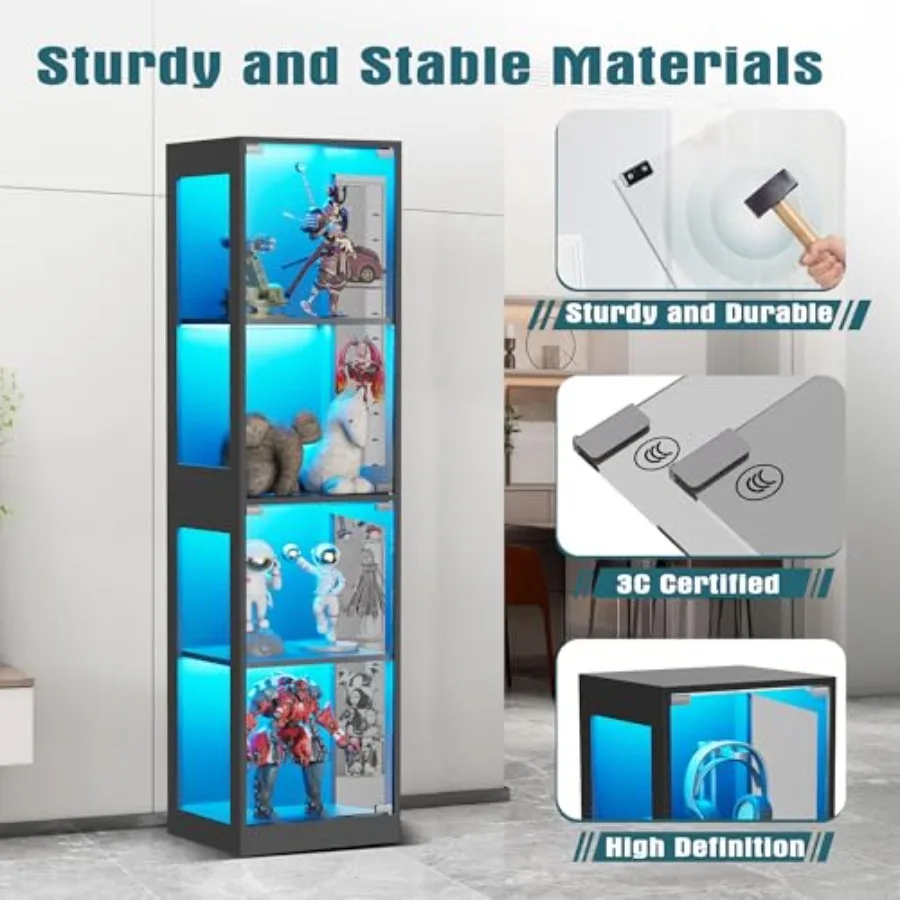 Glass display cabinet with LED RGB lights for collectibles, ideal for playroom or living room use, clear glass doors, modern si view 6