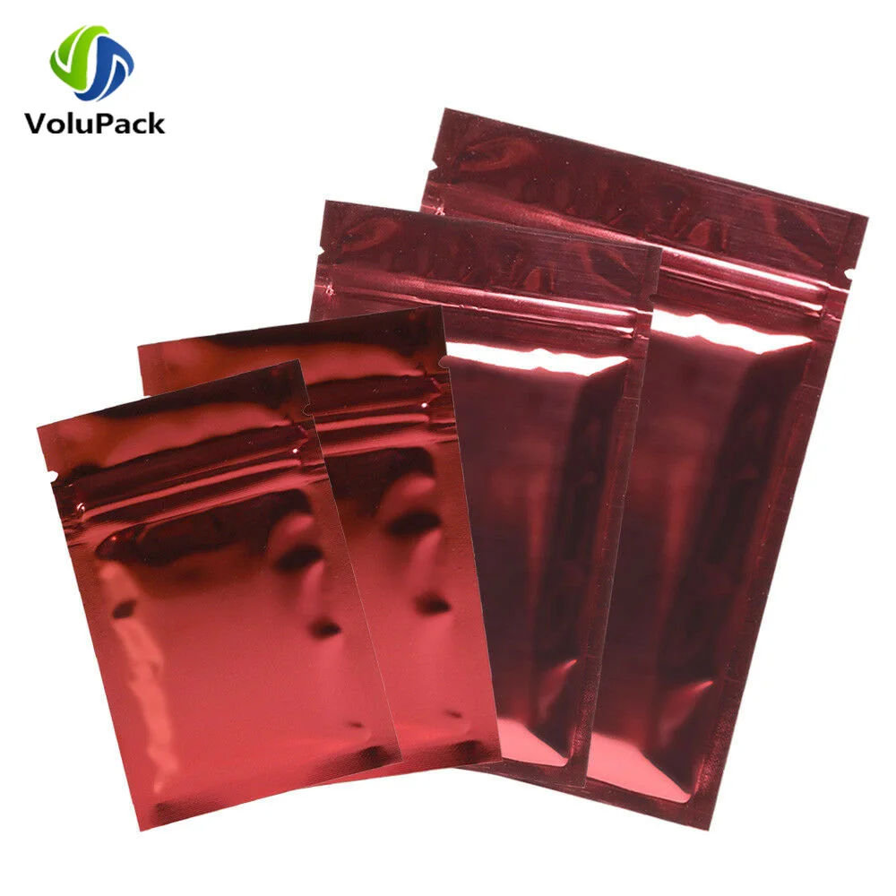 100pcs Double-Sided Same Color Glossy Material Flat Bottom Mylar bags,Various Sizes Aluminum Foil Heat Sealable Red Zip Lock Bag