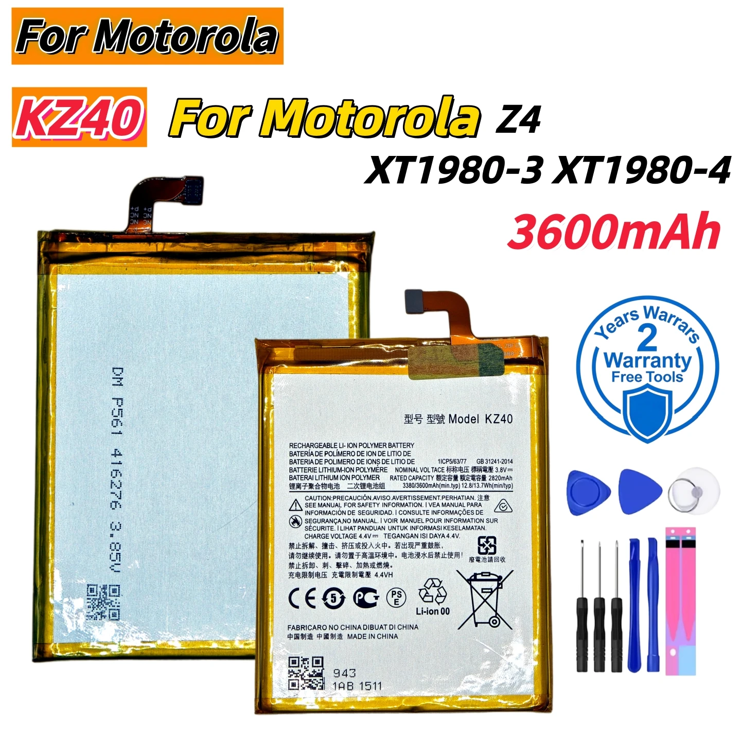 

Brand New KZ40 5000mAh Lithium Battery For Motorola Z4 XT1980-3 XT1980-4Mobile phone battery replacement Battery+Tools