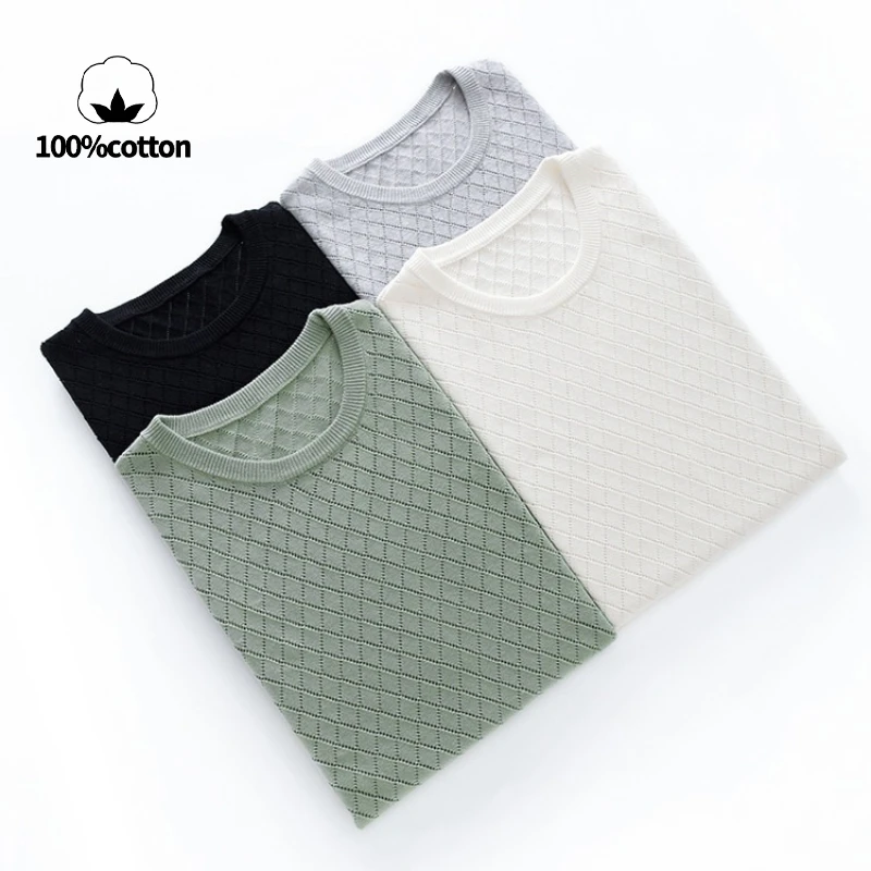 メンズコットンリッチ中空ニットTシャツ：通気性と吸汗性に優れたOネックデザイン ​ レーザー切断技術