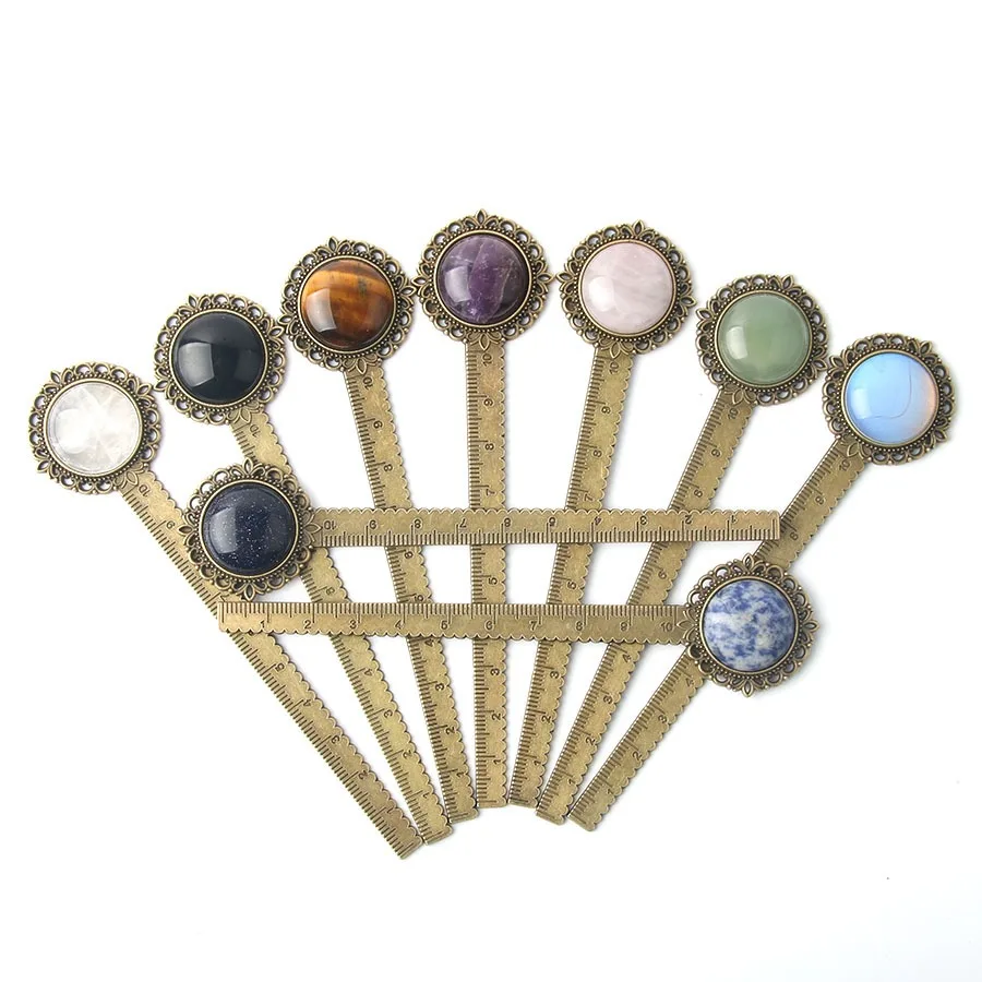 Segnalibro in metallo con righello retrò con pietre di cristallo naturale Segnalibri in quarzo rosa occhio di tigre Strumento per marcare pagine in lega intrecciata con pietre preziose